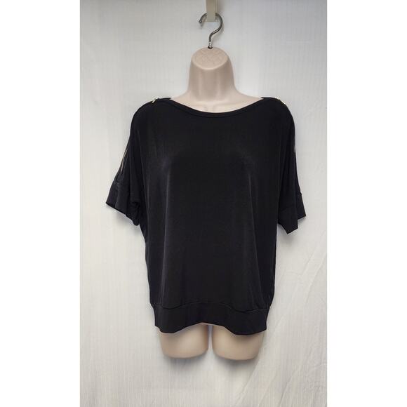 Chico’s Round Neck Knit Black Top Gold Zipper Short Sleeve Top Blouse Sz 1 (M-8) - Picture 5 of 9